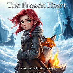 An enchanting fantasy book cover for 'The Frozen Heart', featuring a determined girl named Santana with vibrant, flowing hair, dressed in a warm yet stylish winter outfit, standing in a snowy landscape