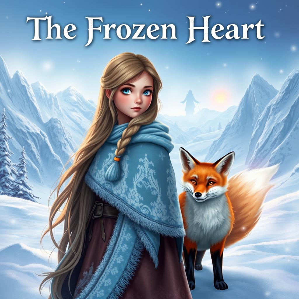 An enchanting fantasy book cover for 'The Frozen Heart', depicting a young girl named Santana with long cascading hair, dressed in a beautifully detailed winter cloak, standing resolutely in a breathtaking snowy landscape