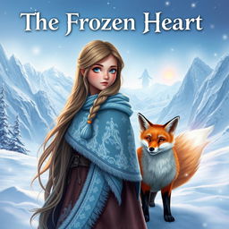 An enchanting fantasy book cover for 'The Frozen Heart', depicting a young girl named Santana with long cascading hair, dressed in a beautifully detailed winter cloak, standing resolutely in a breathtaking snowy landscape