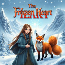 An enchanting fantasy book cover for 'The Frozen Heart', depicting a young girl named Santana with long cascading hair, dressed in a beautifully detailed winter cloak, standing resolutely in a breathtaking snowy landscape