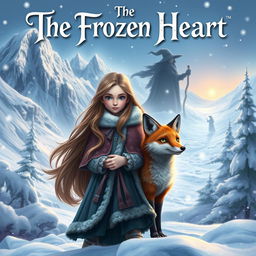 An enchanting fantasy book cover for 'The Frozen Heart', depicting a young girl named Santana with long cascading hair, dressed in a beautifully detailed winter cloak, standing resolutely in a breathtaking snowy landscape