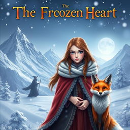 An enchanting fantasy book cover for 'The Frozen Heart', depicting a young girl named Santana with long cascading hair, dressed in a beautifully detailed winter cloak, standing resolutely in a breathtaking snowy landscape