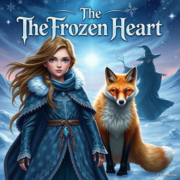 A stunning fantasy book cover for 'The Frozen Heart', showcasing a determined young girl named Santana with flowing hair, dressed in a richly detailed winter cloak adorned with silver and blue accents