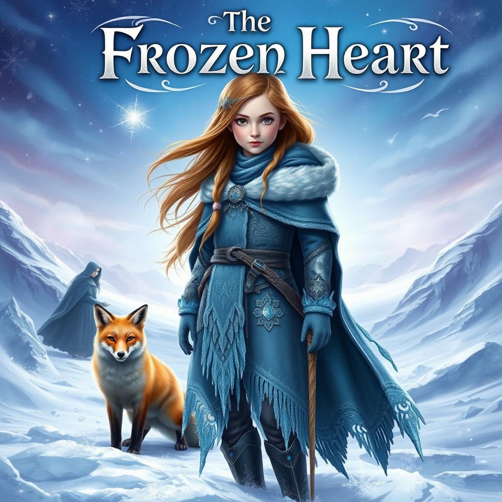 A stunning fantasy book cover for 'The Frozen Heart', showcasing a determined young girl named Santana with flowing hair, dressed in a richly detailed winter cloak adorned with silver and blue accents