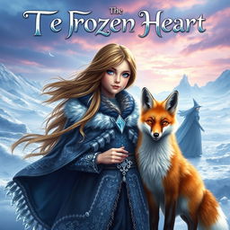 A stunning fantasy book cover for 'The Frozen Heart', showcasing a determined young girl named Santana with flowing hair, dressed in a richly detailed winter cloak adorned with silver and blue accents