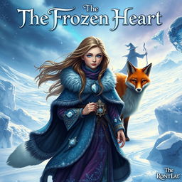 A stunning fantasy book cover for 'The Frozen Heart', showcasing a determined young girl named Santana with flowing hair, dressed in a richly detailed winter cloak adorned with silver and blue accents