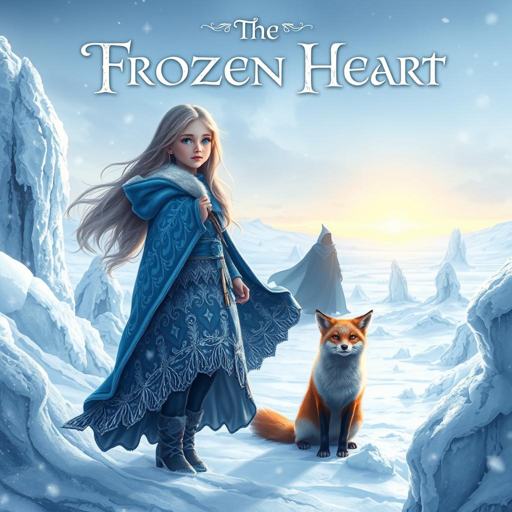 A captivating fantasy book cover for 'The Frozen Heart', featuring a courageous young girl named Santana with long, flowing hair, dressed in a beautifully crafted winter cloak that showcases intricate details and a vibrant color scheme of blues and silvers