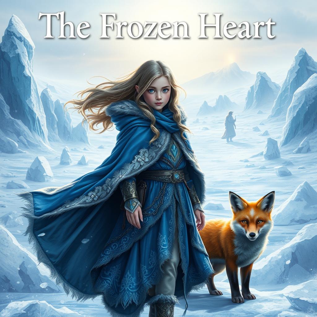 A captivating fantasy book cover for 'The Frozen Heart', featuring a courageous young girl named Santana with long, flowing hair, dressed in a beautifully crafted winter cloak that showcases intricate details and a vibrant color scheme of blues and silvers