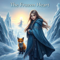 A captivating fantasy book cover for 'The Frozen Heart', featuring a courageous young girl named Santana with long, flowing hair, dressed in a beautifully crafted winter cloak that showcases intricate details and a vibrant color scheme of blues and silvers