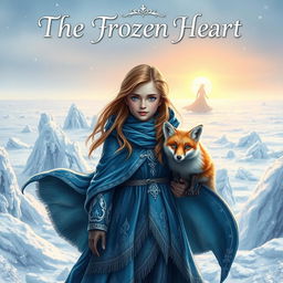 A captivating fantasy book cover for 'The Frozen Heart', featuring a courageous young girl named Santana with long, flowing hair, dressed in a beautifully crafted winter cloak that showcases intricate details and a vibrant color scheme of blues and silvers