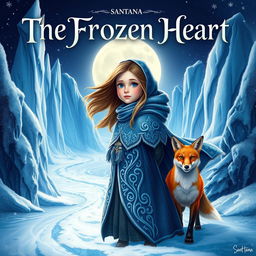 A mesmerizing fantasy book cover for 'The Frozen Heart', featuring a brave young girl named Santana with flowing hair, donned in an intricately designed winter cloak that blends shades of deep blue and silver, symbolizing her courage and resilience