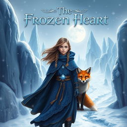 A mesmerizing fantasy book cover for 'The Frozen Heart', featuring a brave young girl named Santana with flowing hair, donned in an intricately designed winter cloak that blends shades of deep blue and silver, symbolizing her courage and resilience