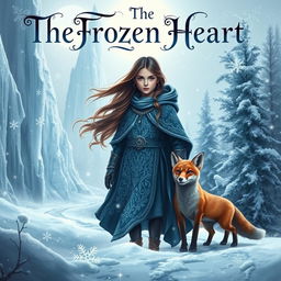 A mesmerizing fantasy book cover for 'The Frozen Heart', featuring a brave young girl named Santana with flowing hair, donned in an intricately designed winter cloak that blends shades of deep blue and silver, symbolizing her courage and resilience