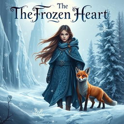 A mesmerizing fantasy book cover for 'The Frozen Heart', featuring a brave young girl named Santana with flowing hair, donned in an intricately designed winter cloak that blends shades of deep blue and silver, symbolizing her courage and resilience