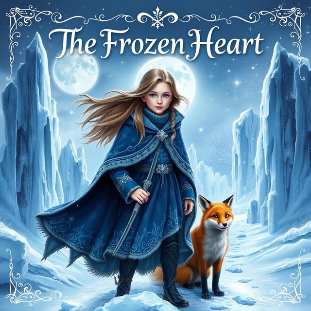 A mesmerizing fantasy book cover for 'The Frozen Heart', featuring a brave young girl named Santana with flowing hair, donned in an intricately designed winter cloak that blends shades of deep blue and silver, symbolizing her courage and resilience