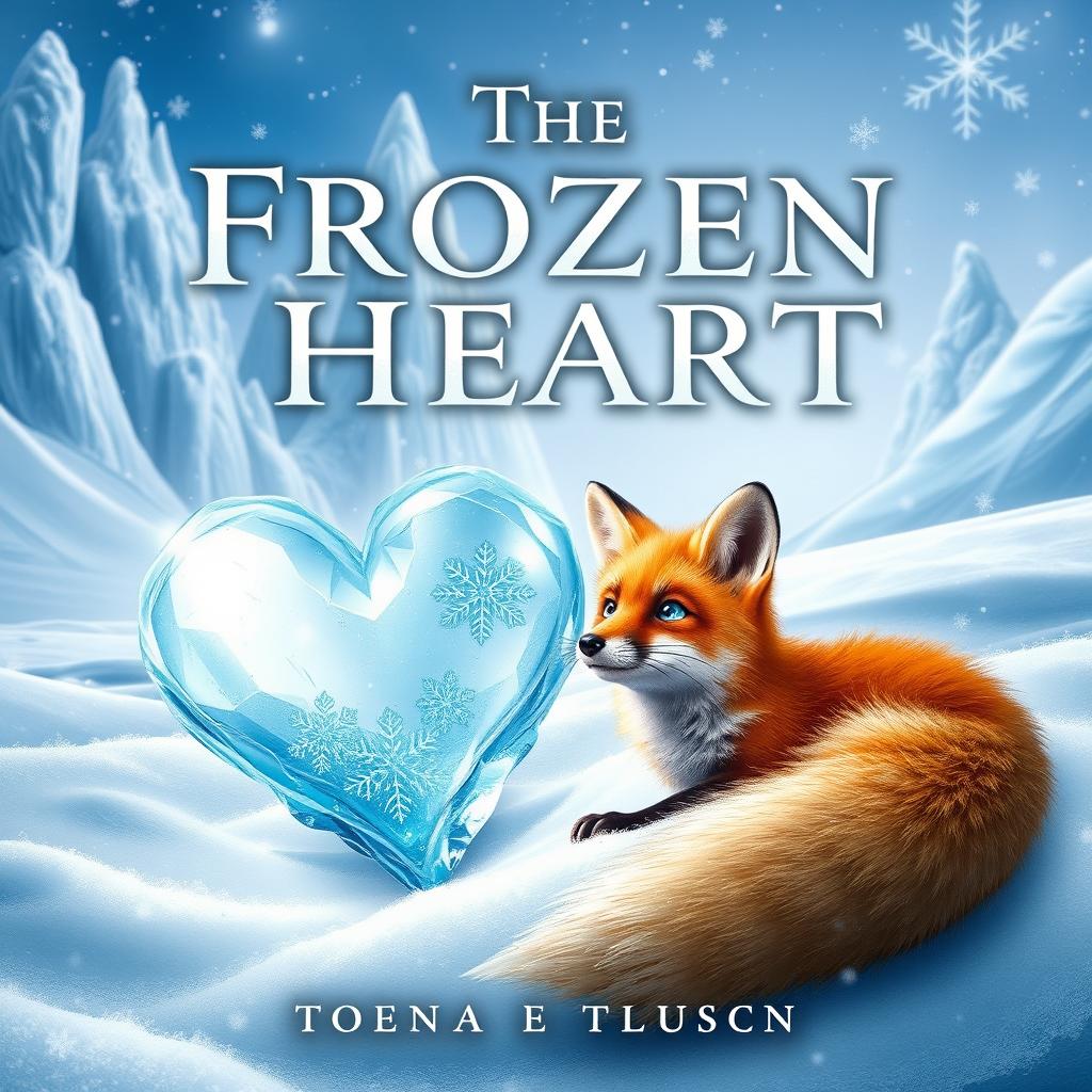 A captivating fantasy book cover for 'The Frozen Heart', featuring a striking winter landscape blanketed in soft, shimmering snow