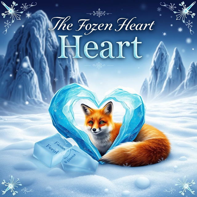 A captivating fantasy book cover for 'The Frozen Heart', featuring a striking winter landscape blanketed in soft, shimmering snow