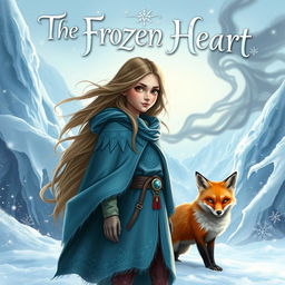 An enchanting fantasy book cover for 'The Frozen Heart', featuring a brave young girl named Santana, with long, flowing hair and a determined expression