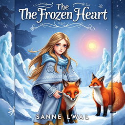 An enchanting fantasy book cover for 'The Frozen Heart', featuring a brave young girl named Santana, with long, flowing hair and a determined expression