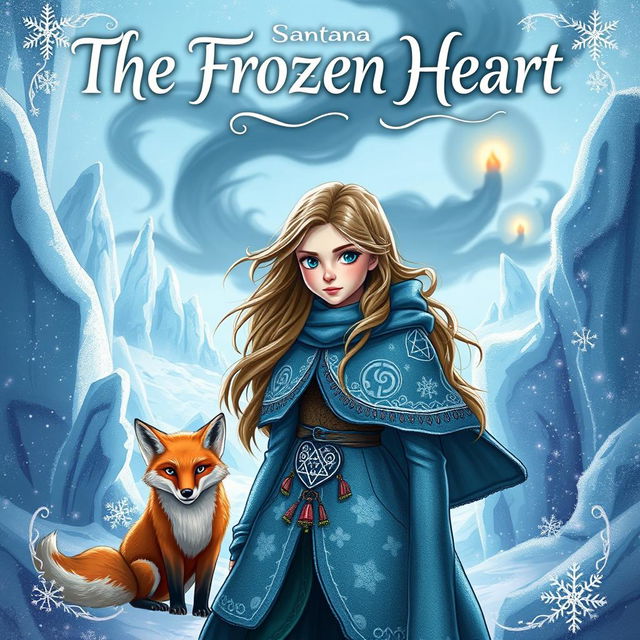 An enchanting fantasy book cover for 'The Frozen Heart', featuring a brave young girl named Santana, with long, flowing hair and a determined expression