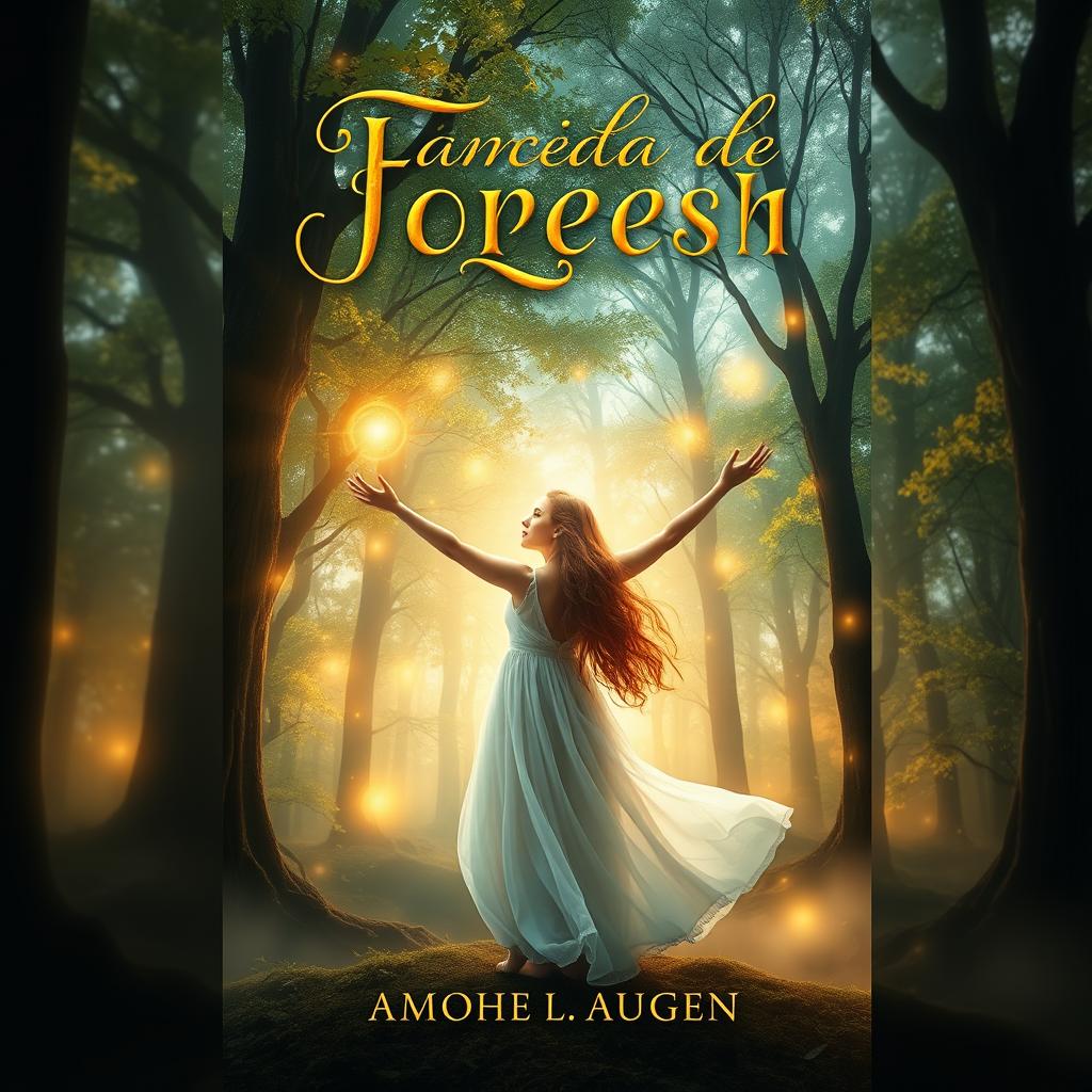 A captivating book cover design featuring a mystical forest with ethereal lighting