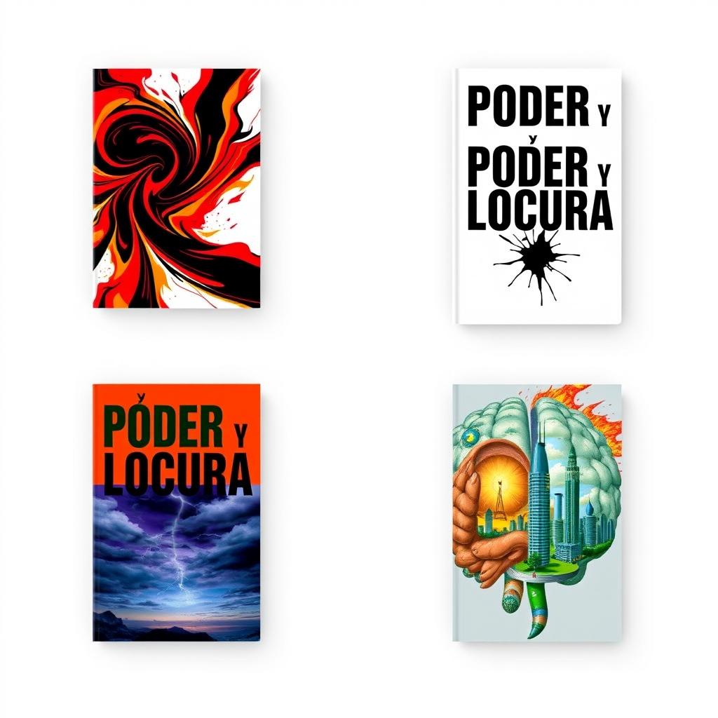 A collection of four visually striking book covers with the title 'Poder y Locura' prominently displayed