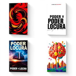 A collection of four visually striking book covers with the title 'Poder y Locura' prominently displayed