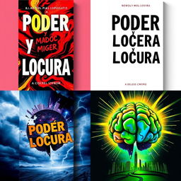 A collection of four visually striking book covers with the title 'Poder y Locura' prominently displayed