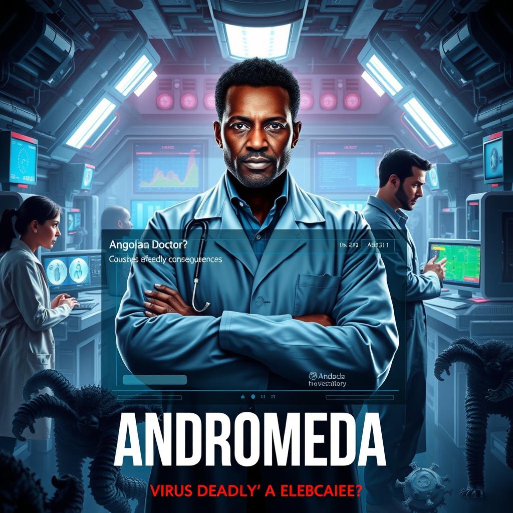 A captivating book cover for a novel titled 'Andromeda', depicting a Angolan doctor standing confidently amidst a backdrop of a dystopian laboratory filled with high-tech equipment and scientific data