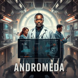 A captivating book cover for a novel titled 'Andromeda', depicting a Angolan doctor standing confidently amidst a backdrop of a dystopian laboratory filled with high-tech equipment and scientific data