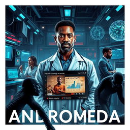 A captivating book cover for a novel titled 'Andromeda', depicting a Angolan doctor standing confidently amidst a backdrop of a dystopian laboratory filled with high-tech equipment and scientific data