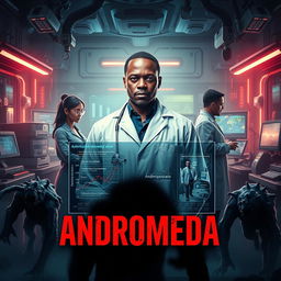 A captivating book cover for a novel titled 'Andromeda', depicting a Angolan doctor standing confidently amidst a backdrop of a dystopian laboratory filled with high-tech equipment and scientific data