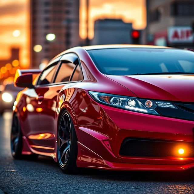 A fully modified 2014 Honda Civic, showcasing a sleek and aggressive exterior with a glossy red paint finish, custom body kit, lowered suspension, and stylish alloy wheels