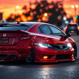 A fully modified 2014 Honda Civic, showcasing a sleek and aggressive exterior with a glossy red paint finish, custom body kit, lowered suspension, and stylish alloy wheels