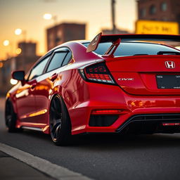 A fully modified 2014 Honda Civic, showcasing a sleek and aggressive exterior with a glossy red paint finish, custom body kit, lowered suspension, and stylish alloy wheels