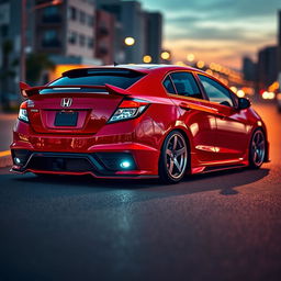 A fully modified 2014 Honda Civic, showcasing a sleek and aggressive exterior with a glossy red paint finish, custom body kit, lowered suspension, and stylish alloy wheels