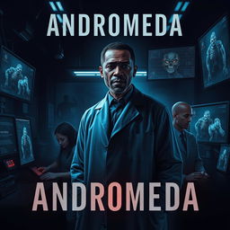 A dark and mysterious book cover for a novel titled 'Andromeda', featuring an Angolan doctor in a dimly lit laboratory setting