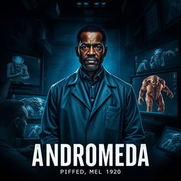 A dark and mysterious book cover for a novel titled 'Andromeda', featuring an Angolan doctor in a dimly lit laboratory setting