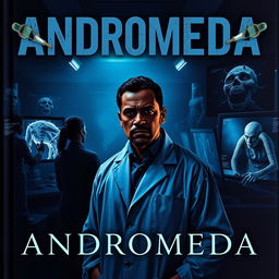 A dark and mysterious book cover for a novel titled 'Andromeda', featuring an Angolan doctor in a dimly lit laboratory setting