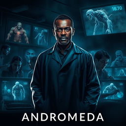 A dark and mysterious book cover for a novel titled 'Andromeda', featuring an Angolan doctor in a dimly lit laboratory setting