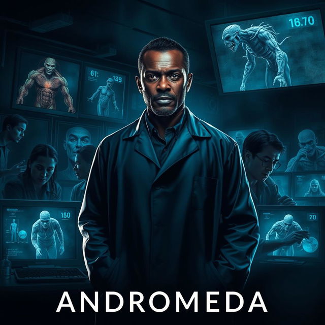 A dark and mysterious book cover for a novel titled 'Andromeda', featuring an Angolan doctor in a dimly lit laboratory setting