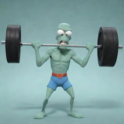 An animated picture of a muscular Squidward from SpongeBob cartoon, vigorously lifting a barbell with the popular blogger Mellstroy spotting him.