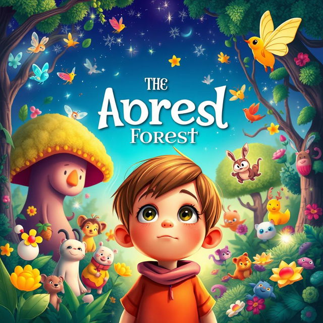 A vibrant animated book cover depicting a lonely child abandoned by their parents in a magical forest