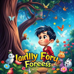 A vibrant animated book cover depicting a lonely child abandoned by their parents in a magical forest