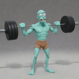 An animated picture of a muscular Squidward from SpongeBob cartoon, vigorously lifting a barbell with the popular blogger Mellstroy spotting him.