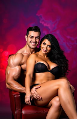 A muscular man seated in a chair with a curvy woman sitting on his lap