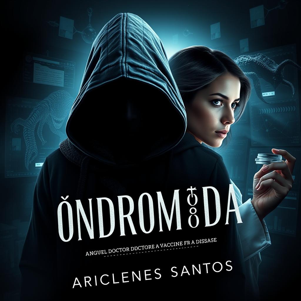 An intriguing and dark book cover for a novel titled '∆NDR0M£DA', showcasing an Angolan doctor and his research team dedicated to discovering a vaccine for a global disease