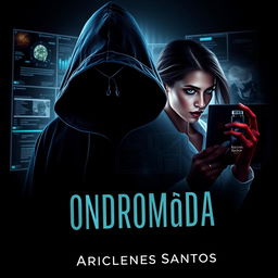 An intriguing and dark book cover for a novel titled '∆NDR0M£DA', showcasing an Angolan doctor and his research team dedicated to discovering a vaccine for a global disease