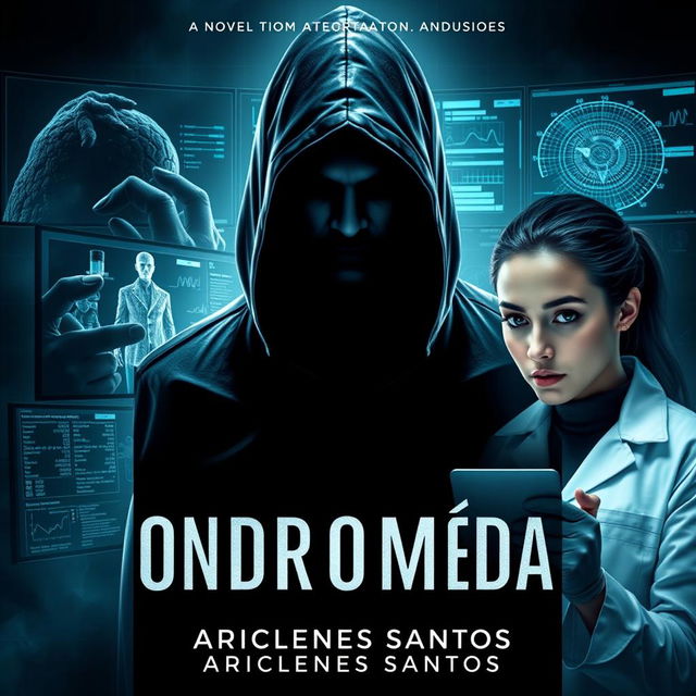 An intriguing and dark book cover for a novel titled '∆NDR0M£DA', showcasing an Angolan doctor and his research team dedicated to discovering a vaccine for a global disease