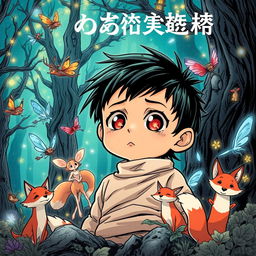 A dynamic manga-style book cover depicting a lonely child abandoned by their parents in a magical forest